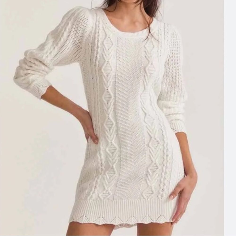 LoveShackFancy White Simmonnette mini dress S sweater cable knit long sleeve